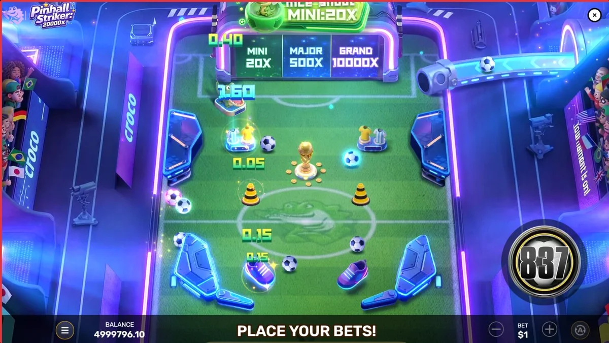 Pinball Striker 20,000x slot game interface na may neon stadium theme